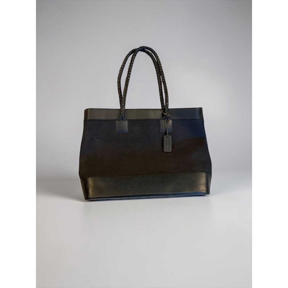 Lauren Ralph Lauren Black Tote Weekender Linen Braided Leather Double Handle